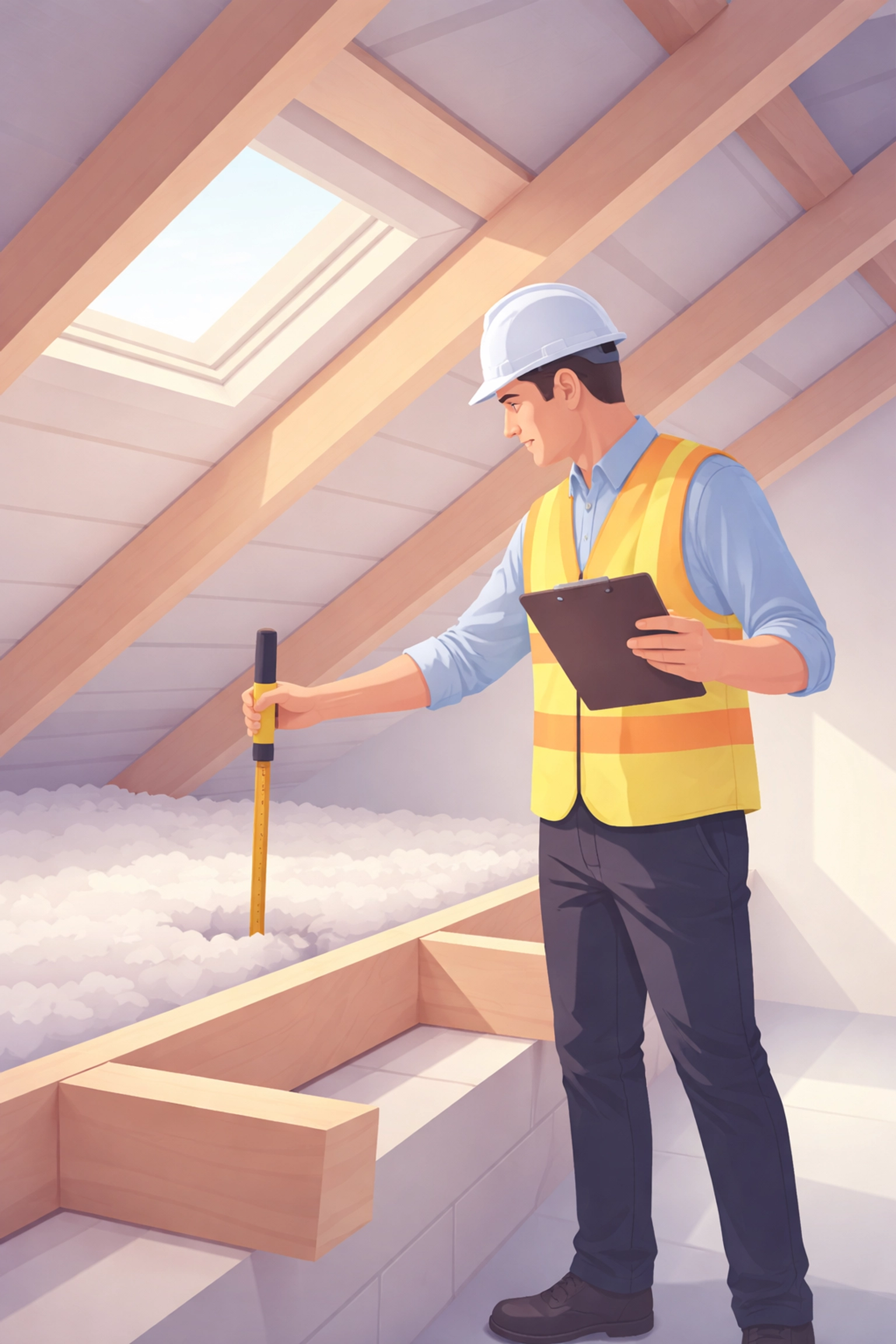 Surveyor inspecting loft insulation depth during a professional assessment for UK homeowners