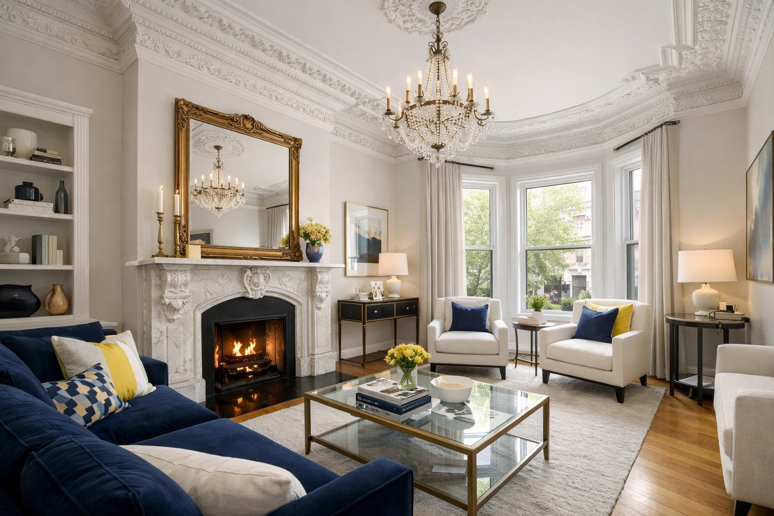 Luxury apartment cleaning Boston for a historic Back Bay brownstone with a marble fireplace and high ceilings.