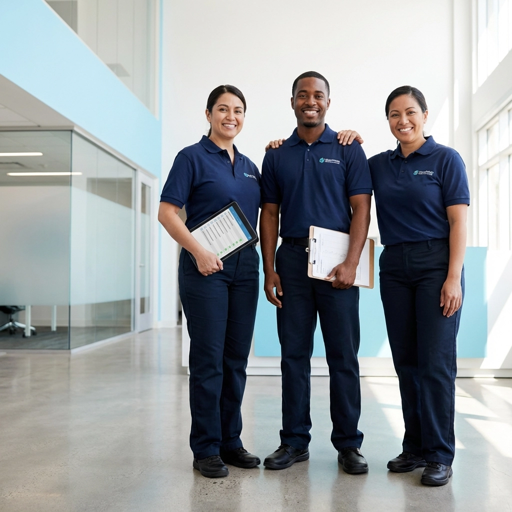 Three professional cleaners stand together in a modern workspace, emphasizing teamwork and support in the cleaning industry.