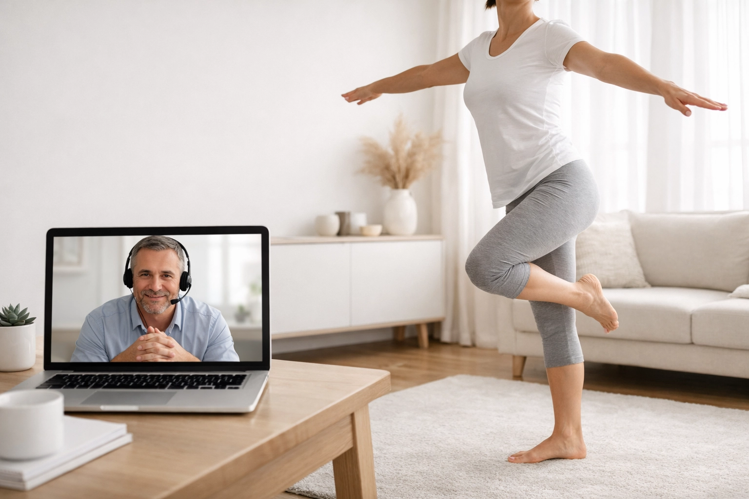 Dean Volk providing 1:1 virtual sciatica coaching to help a client stabilize their spine and reduce nerve pain.