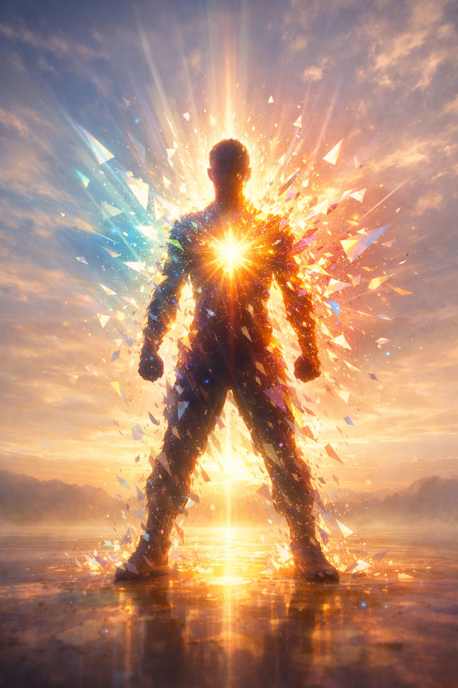 A silhouette dissolving into vibrant light shapes, depicting the expansion of consciousness and healing.