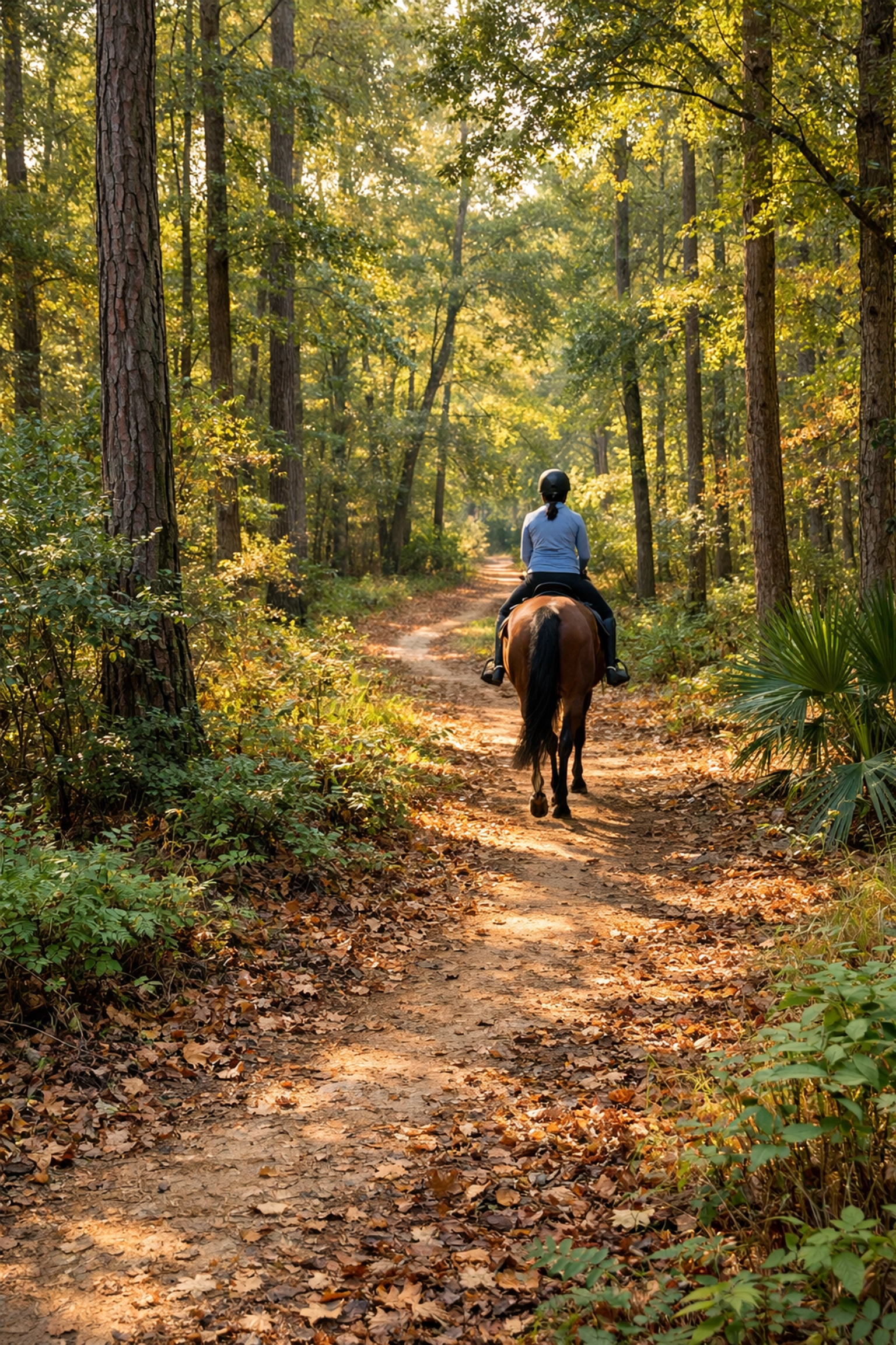 Horseback rider on wooded trail near Charlotte showcasing equestrian lifestyle and community