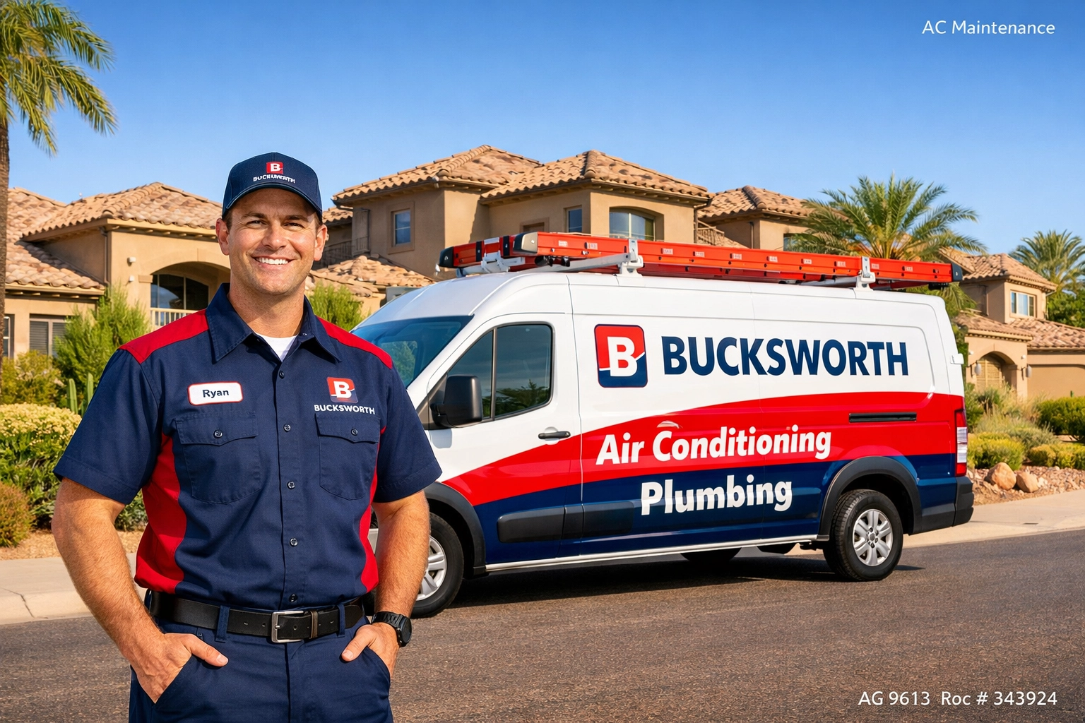 Bucksworth technician and service van in a Chandler neighborhood ready for summer AC maintenance calls.