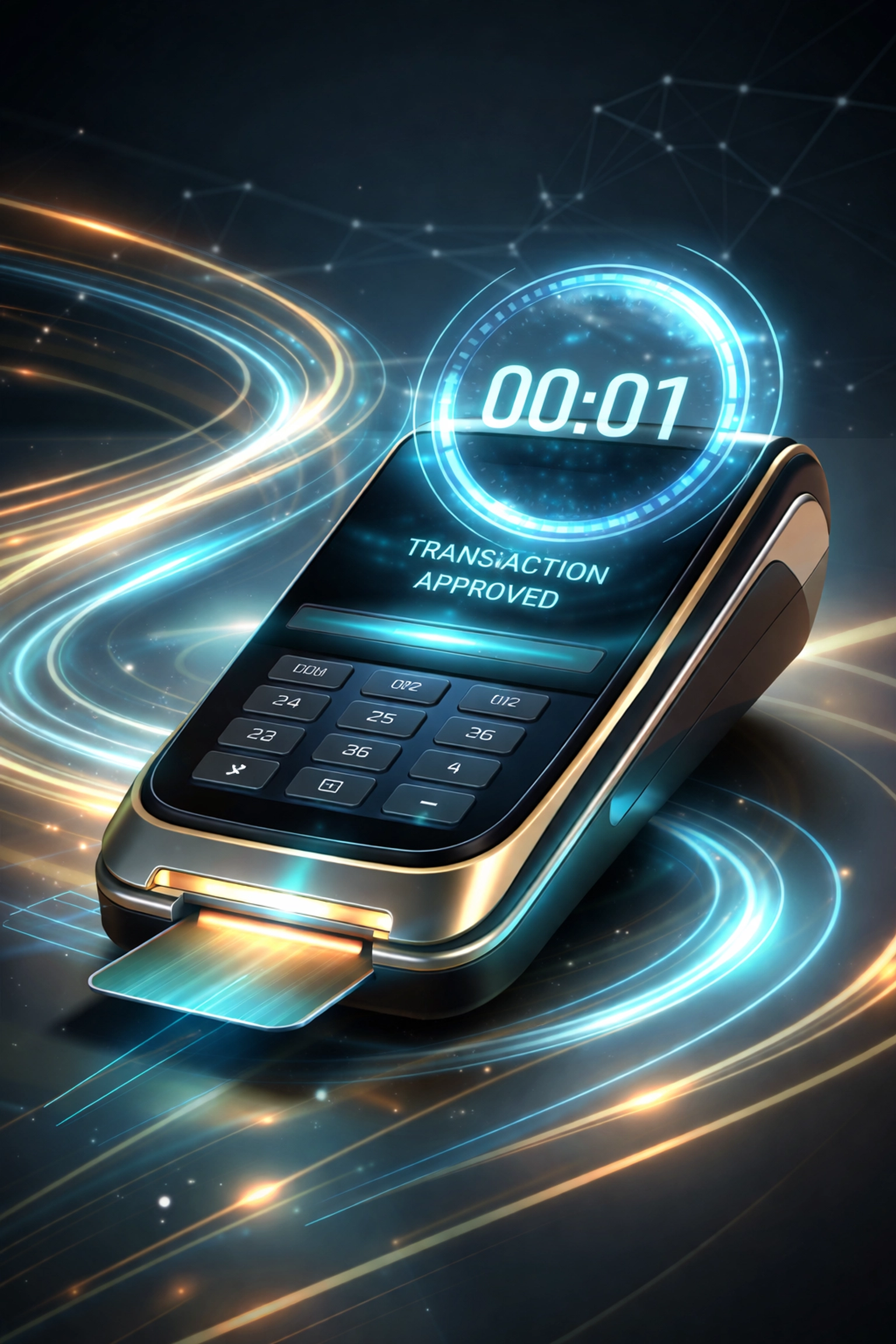 Futuristic digital payment terminal showing instant settlement, highlighting fast LUSD crypto payments for merchants