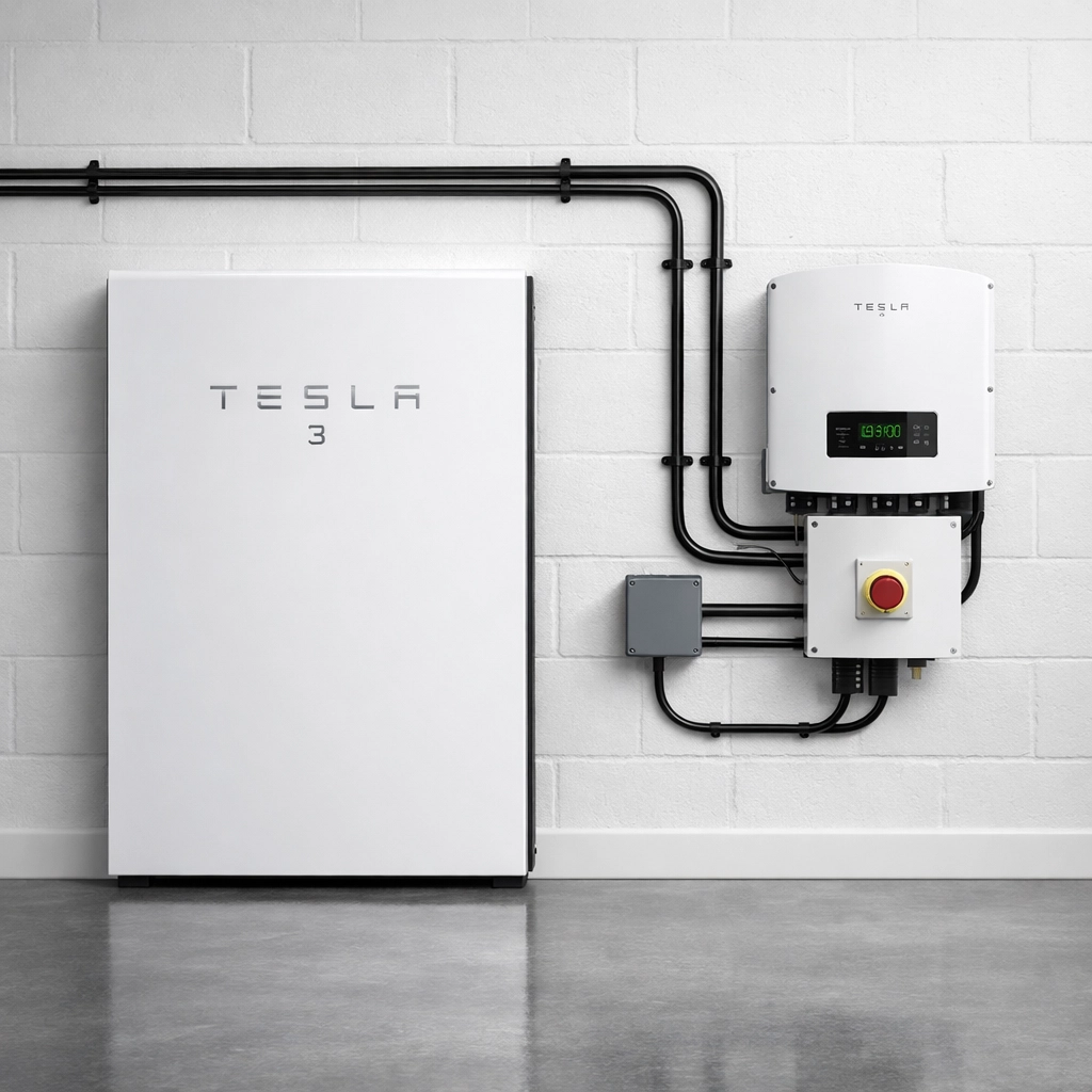 Neat installation of a Tesla Powerwall 3 and solar inverter in a professional UK home setup.