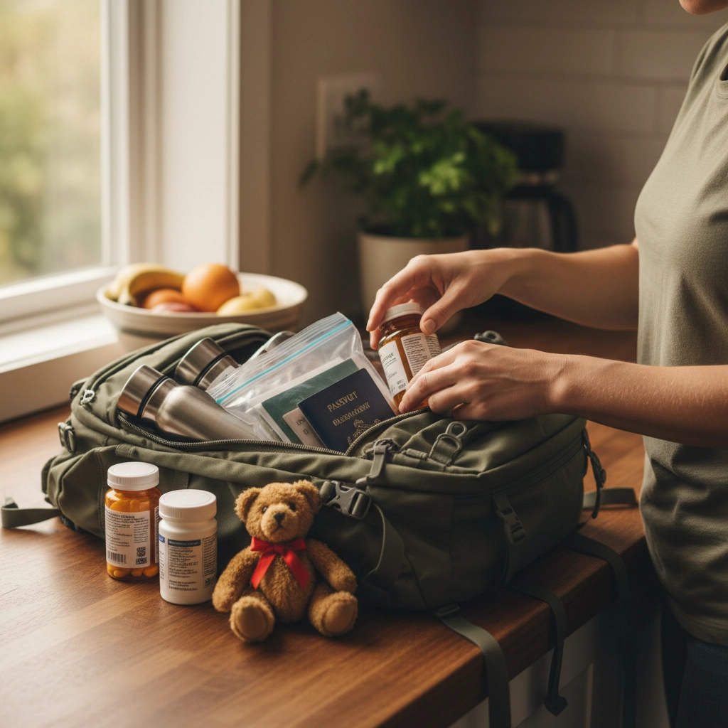 A woman stands in front of her kitchen window prepping a go-bag on the counter. Why Bugging In is Better - A Woman's Guide to Survival
