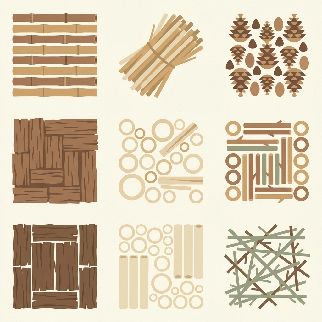 Farm scrap materials like bamboo, pine cones, and bark displayed for DIY bug hotel building.