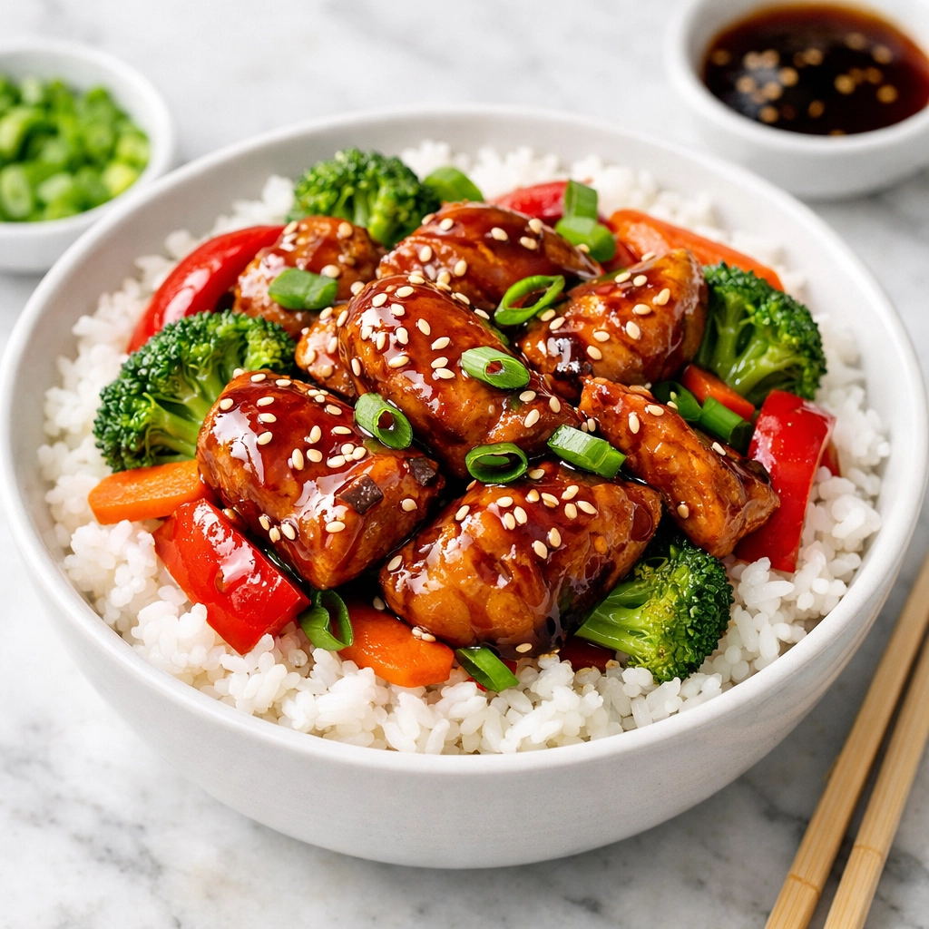 20 Dump-and-Go Crockpot Dinners Savory 5-ingredient slow cooker teriyaki chicken with vegetables served over fluffy white rice.