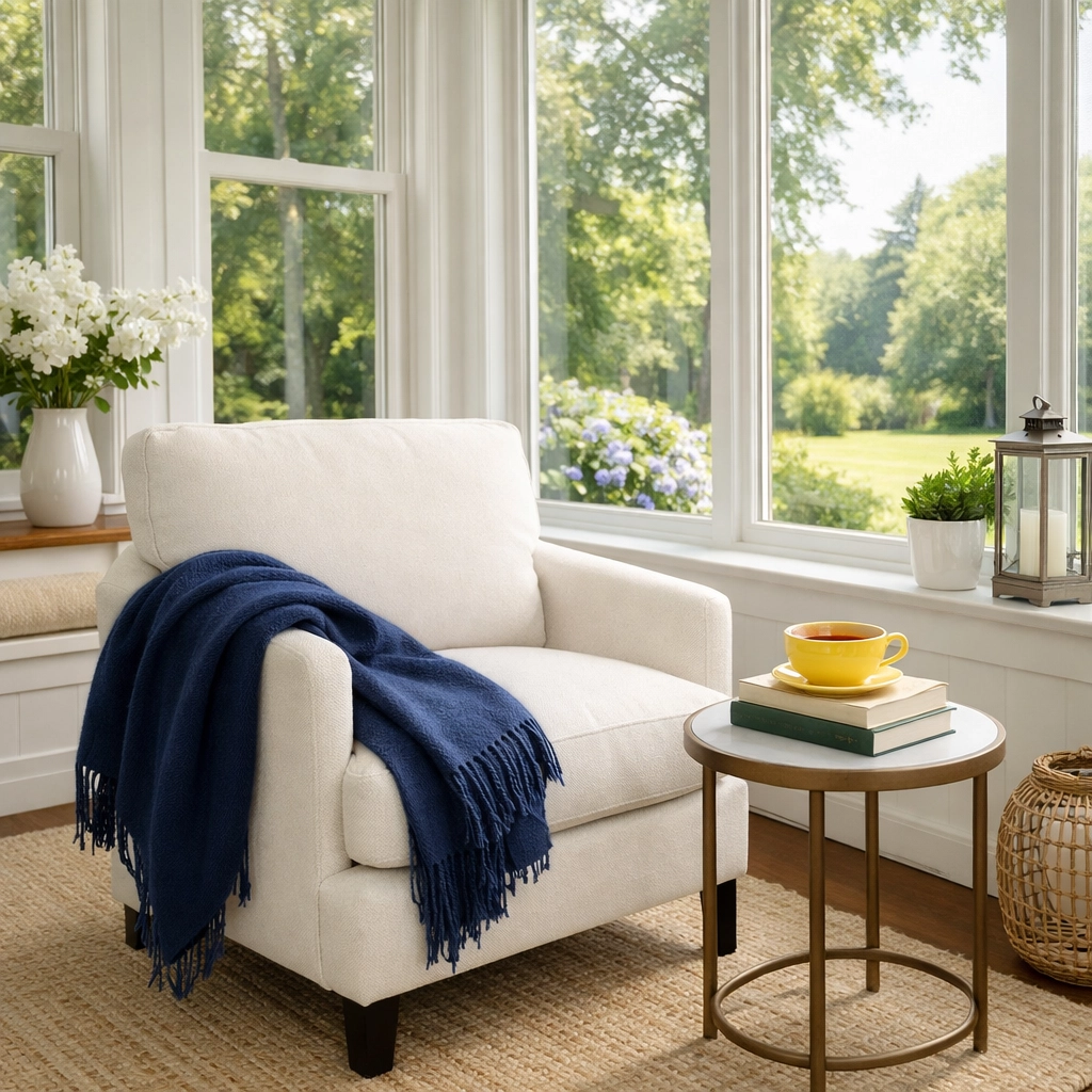 Clean and organized sunroom reading nook in a Natick home after professional luxury cleaning services.