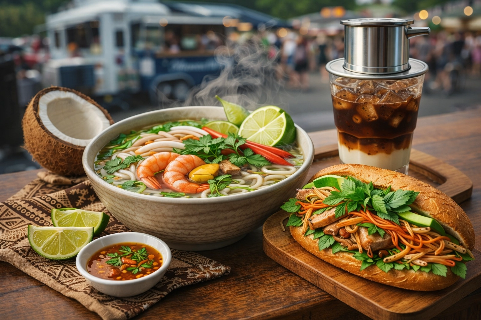 Pacific Islander and Vietnamese fusion dishes like pho, bánh mì, and Vietnamese coffee at TALOFA FEST 2026.
