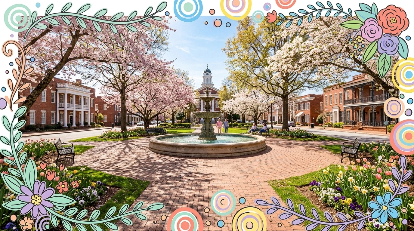 Traditional Marietta town square fountain with colorful frame accents