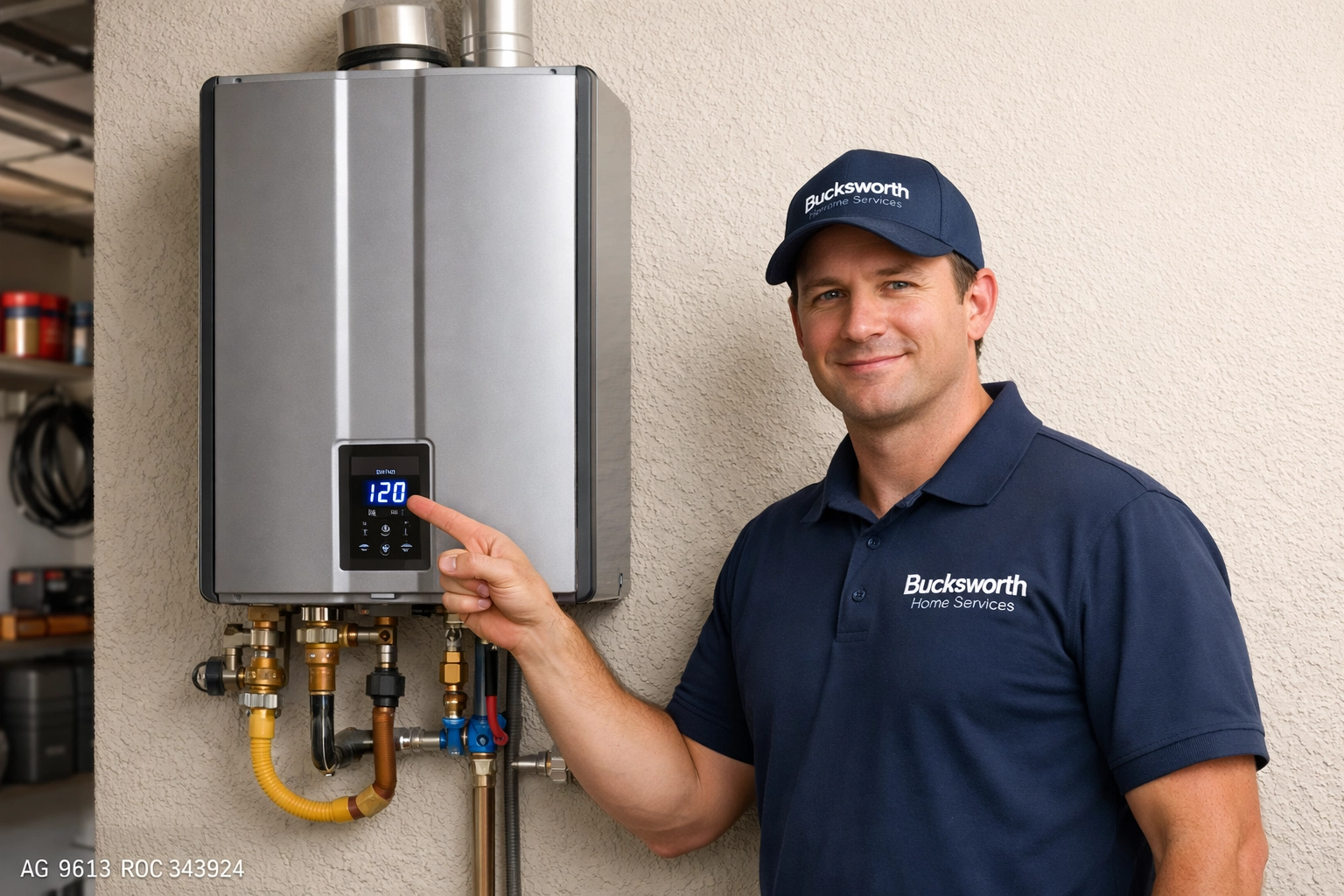 Bucksworth Home Services technician inspecting a modern tankless water heater installation in a Peoria garage.