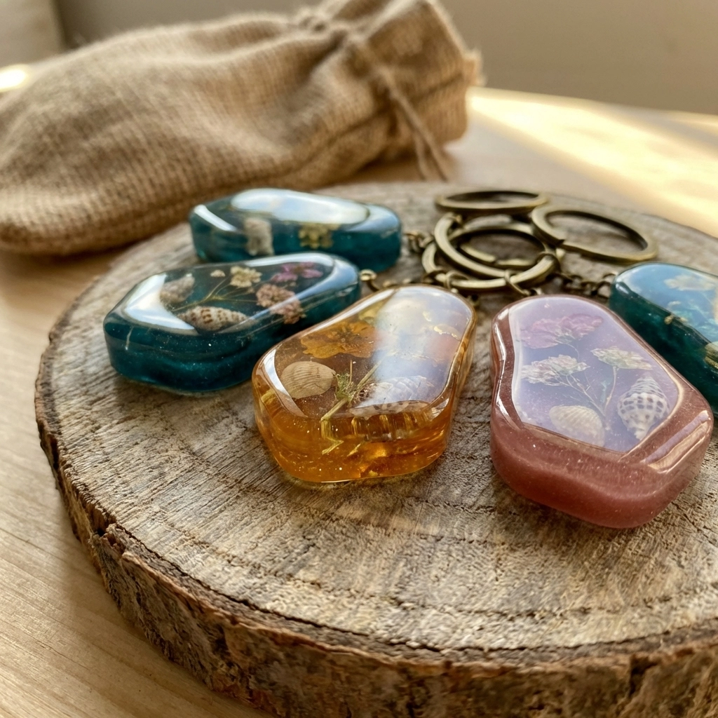 Close-up of colorful handmade resin keychains with embedded flowers and shells on a wooden backdrop at a craft fair