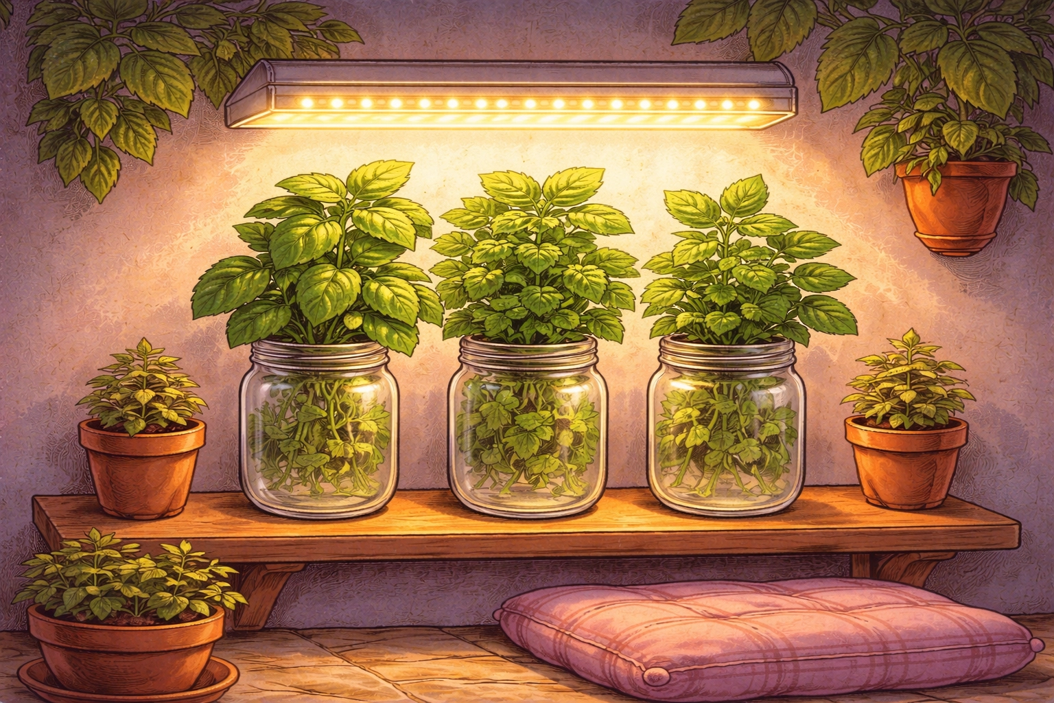 Cozy scene of thriving basil and mint herbs in mason jars under a glowing LED grow light indoors