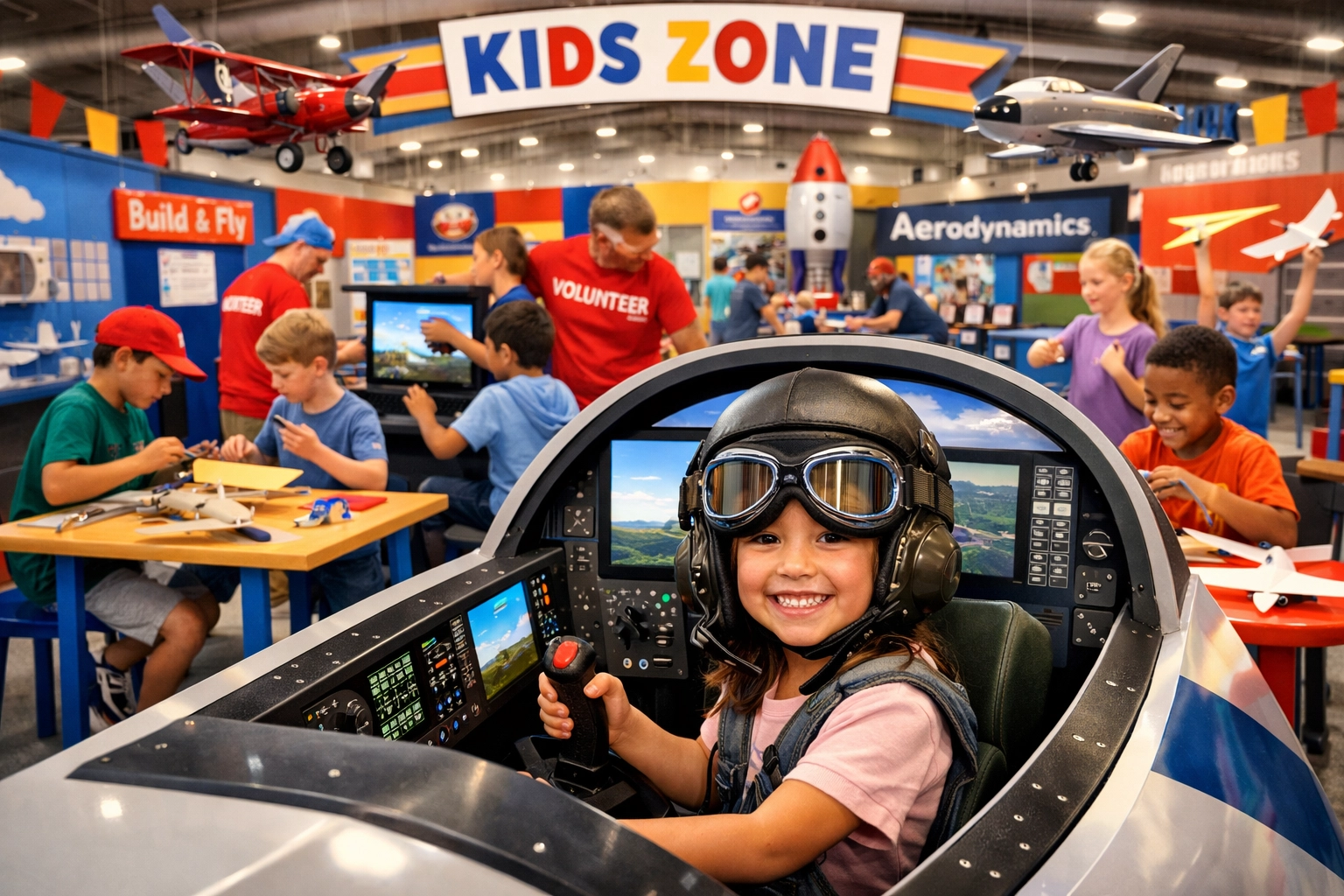 Children exploring aviation simulators and STEM activities at Buckeye Air Fair Kids Zone