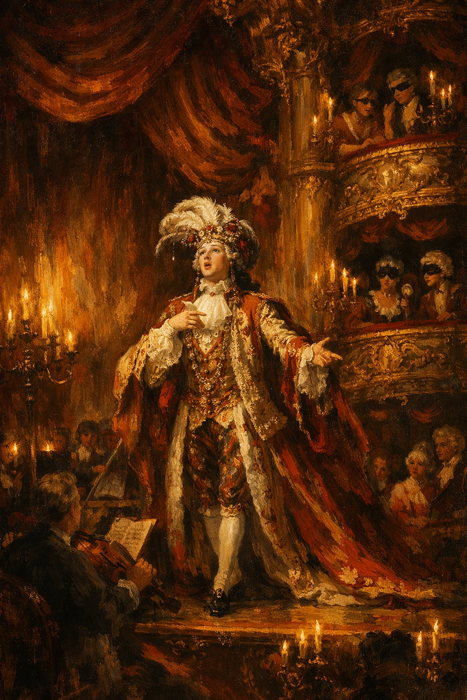 18th-century baroque opera house with castrato performer showcasing LGBTQ+ history and gender fluidity