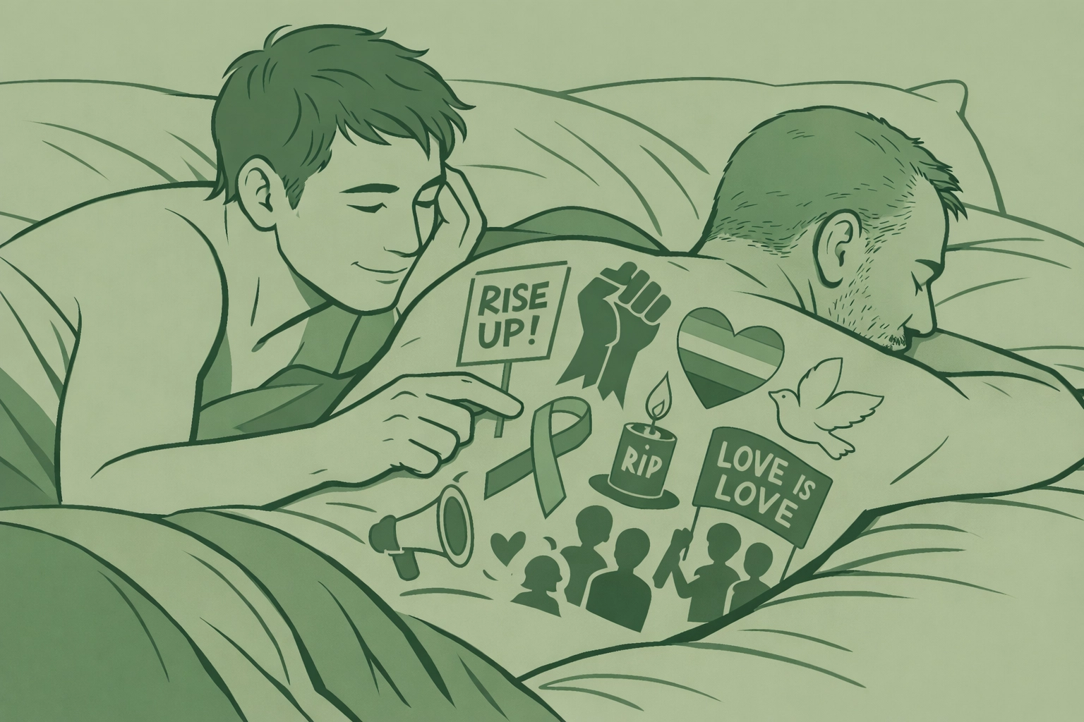 MM couple intimately tracing tattoo stories on back in romantic gay fiction scene