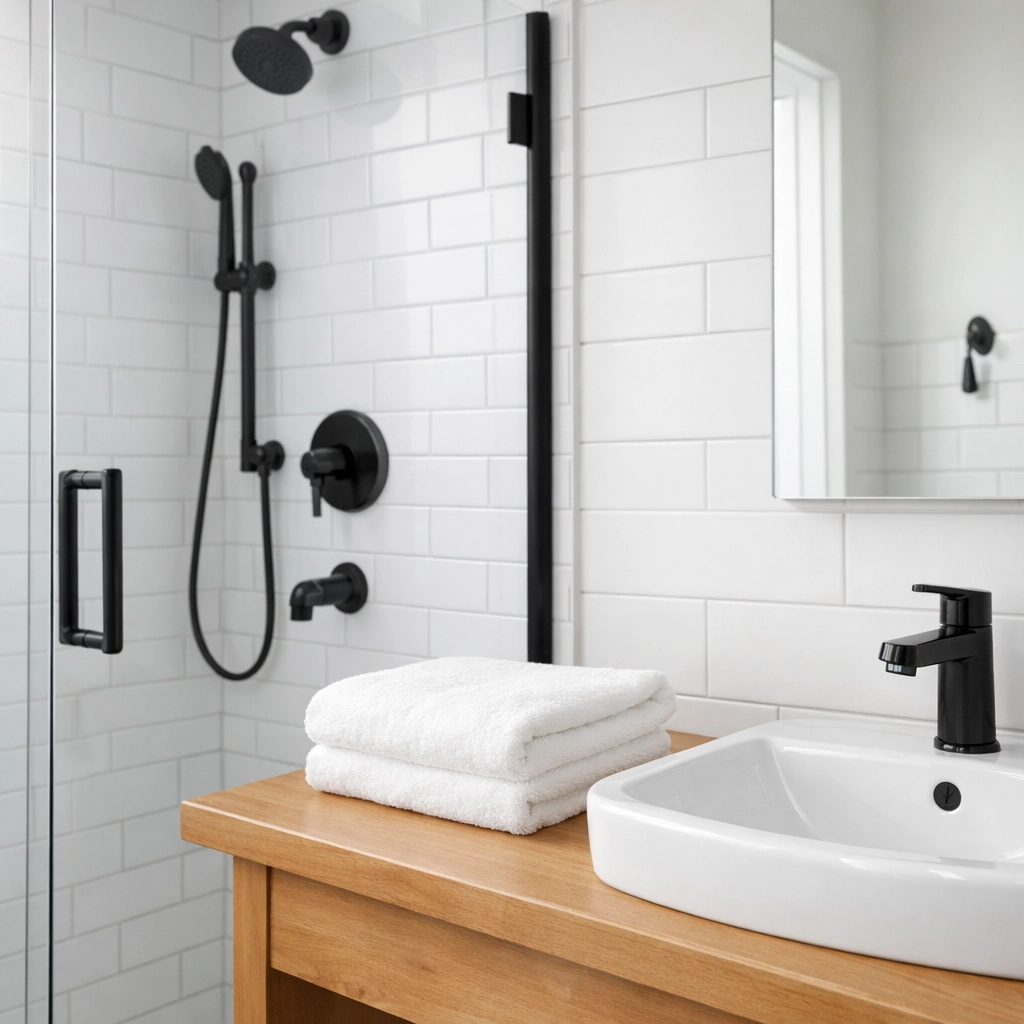 Spotless modern bathroom with subway tiles and black fixtures, ready for new tenant move-in.