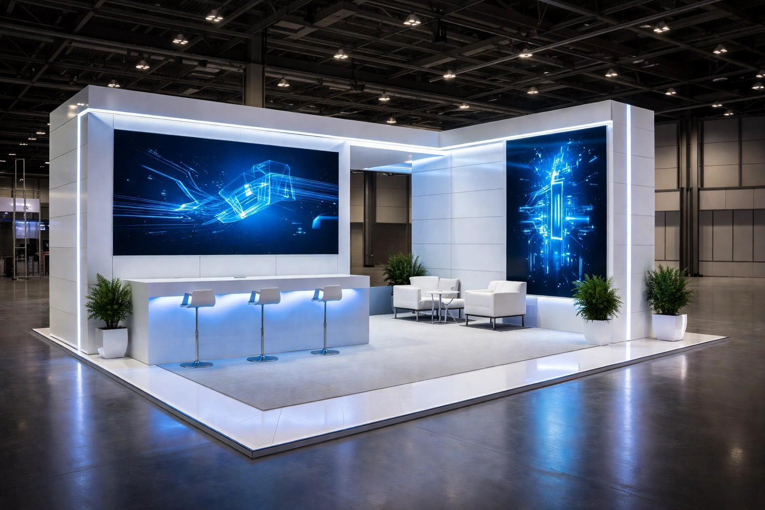 Finished L-shaped modular exhibition stand at the NEC