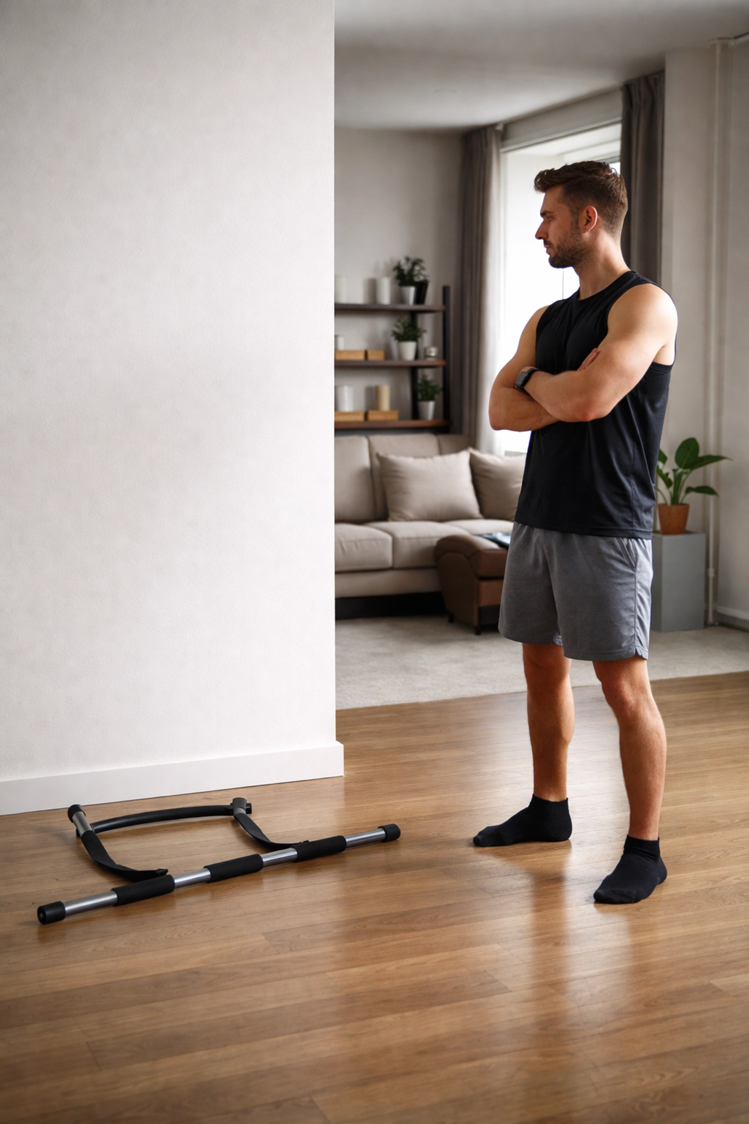 Frustrated man in apartment with broken pull-up bar, showing renter struggles building a home gym without damage