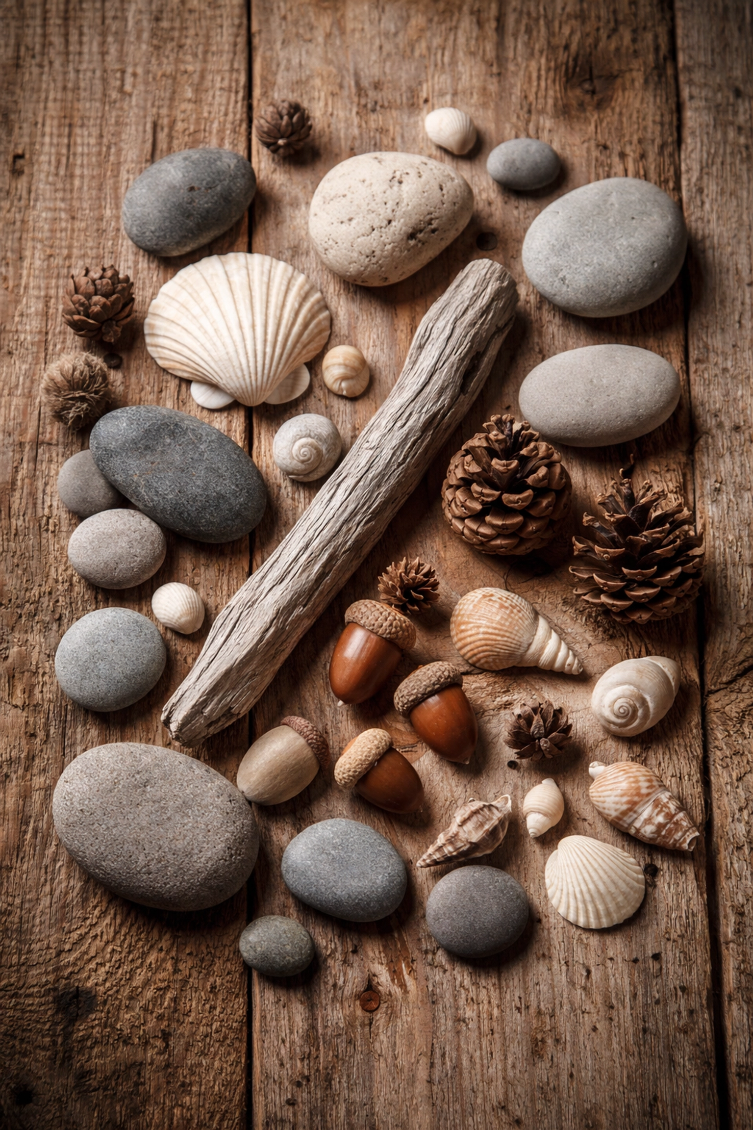Flat-lay of river stones, seashells, driftwood, pine cones, and acorns, illustrating nature-inspired artisan decor.