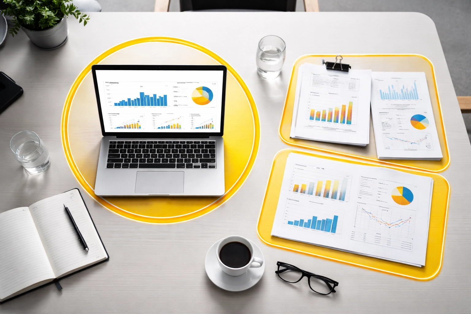 Conference table with analytics and charts representing strategic Amazon agency decision-making