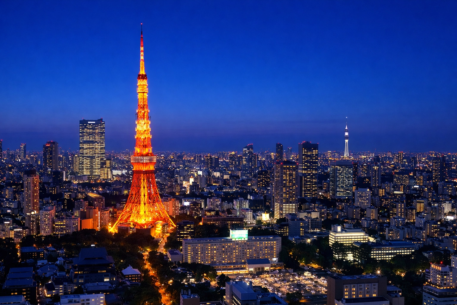Tokyo skyline at blue hour with Tokyo Tower glowing, perfect city photo spot for travelers