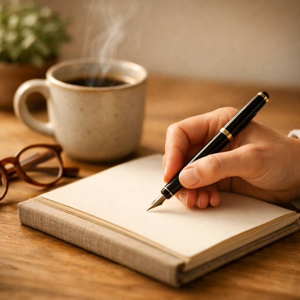 A morning routine with a journal and coffee, perfect for daily scripture reflection and prayer.