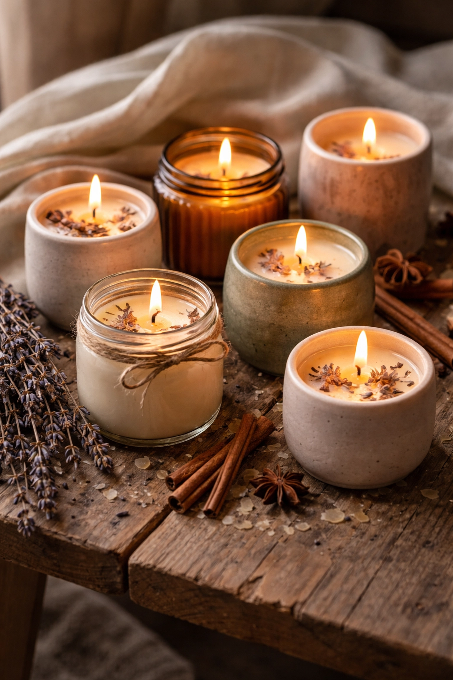 Handmade soy candles in rustic jars on a wooden table, ideal for unique housewarming gifts and cozy home decor.