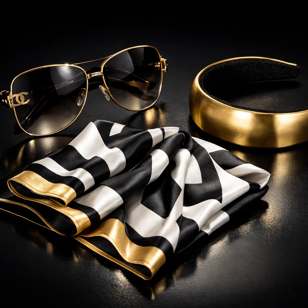 Buying Black Matters: Why Supporting Black Entrepreneurs is the New Movement High-end Black-owned fashion accessories including gold sunglasses and a patterned silk scarf.