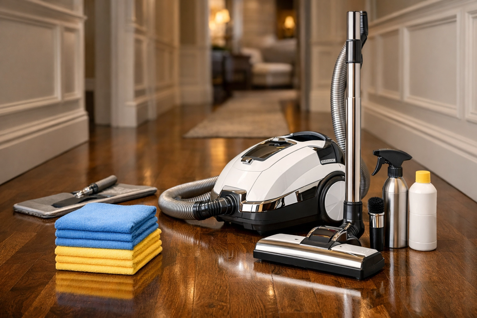 Professional house cleaning tools and fresh microfiber cloths on a polished Marlborough hardwood floor.