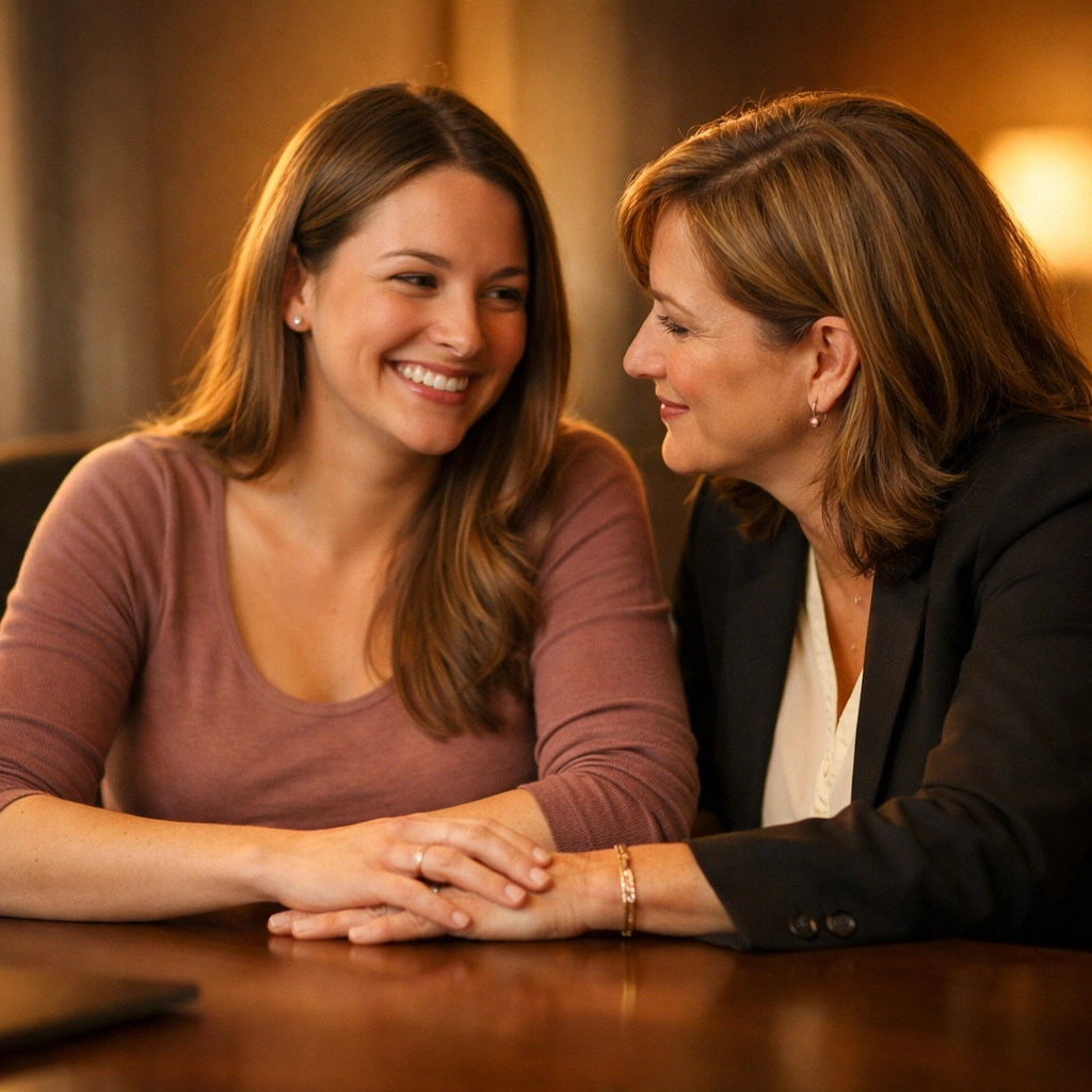 Surrogate and coordinator sharing a supportive conversation in a boutique agency setting