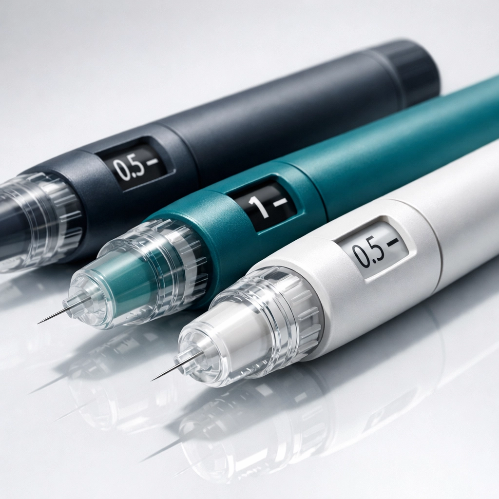 Three medical injection pens representing various GLP-1 weight loss alternatives like semaglutide.