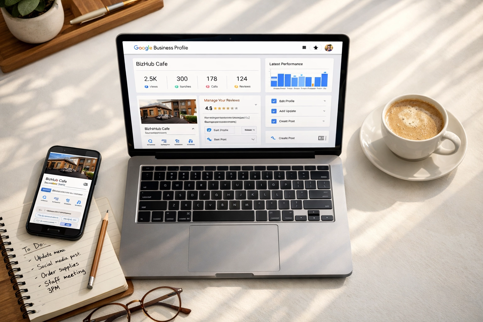 Google Business Profile dashboard on laptop with local business listing on mobile device