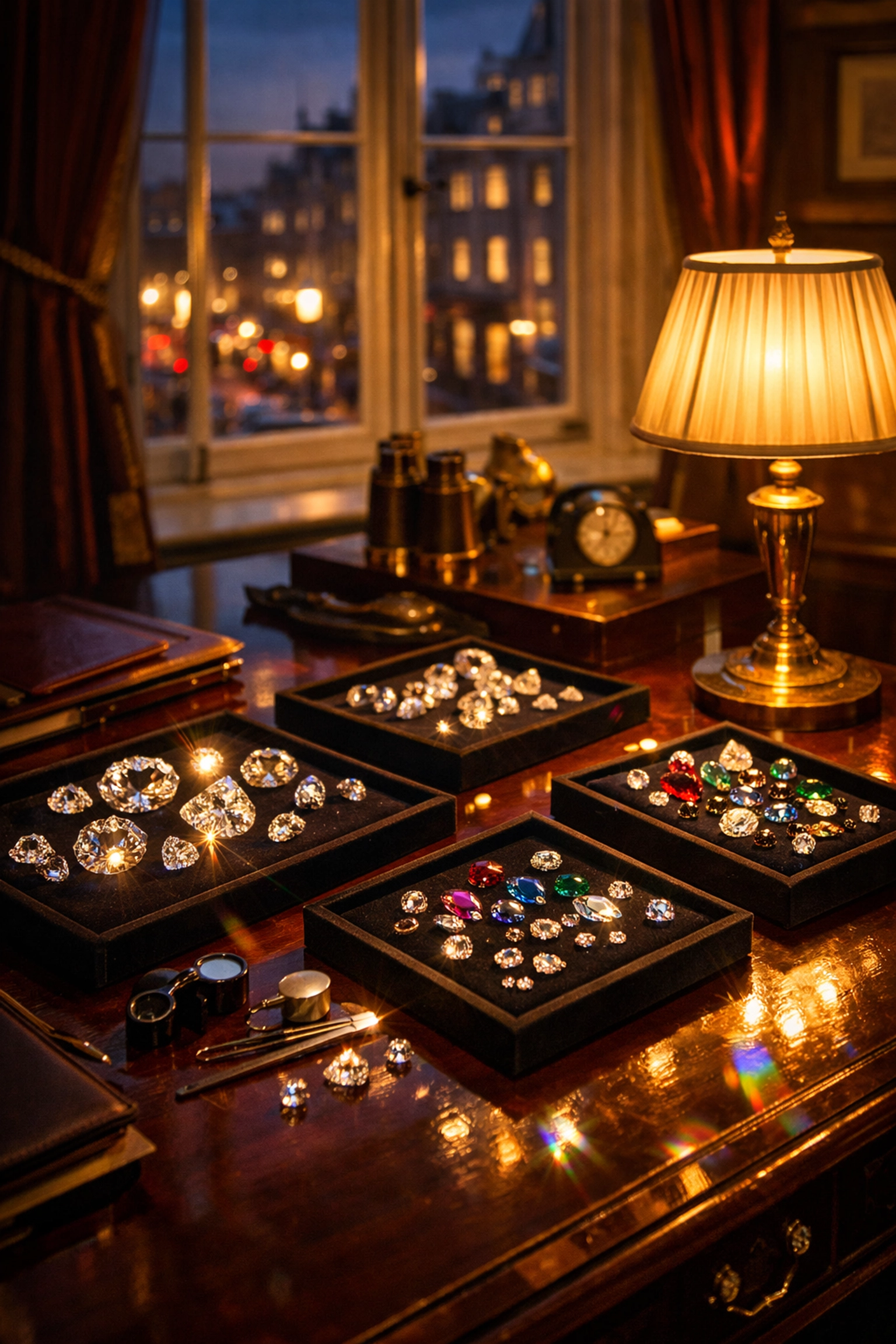 Luxury jeweler's atelier in Mayfair with sparkling diamonds and precious gems on elegant display