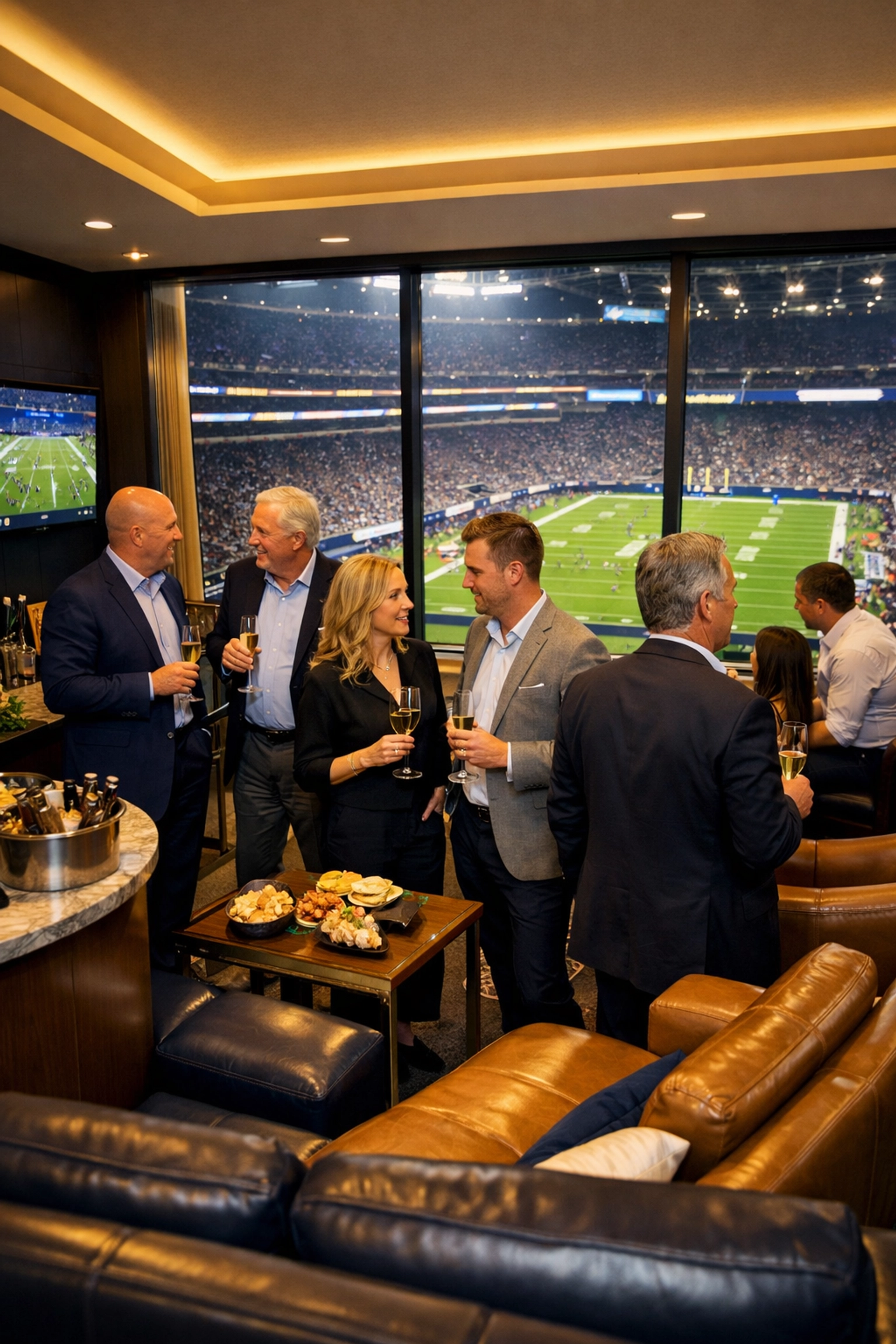 Luxury suite at NFL stadium with executives networking during Super Bowl game