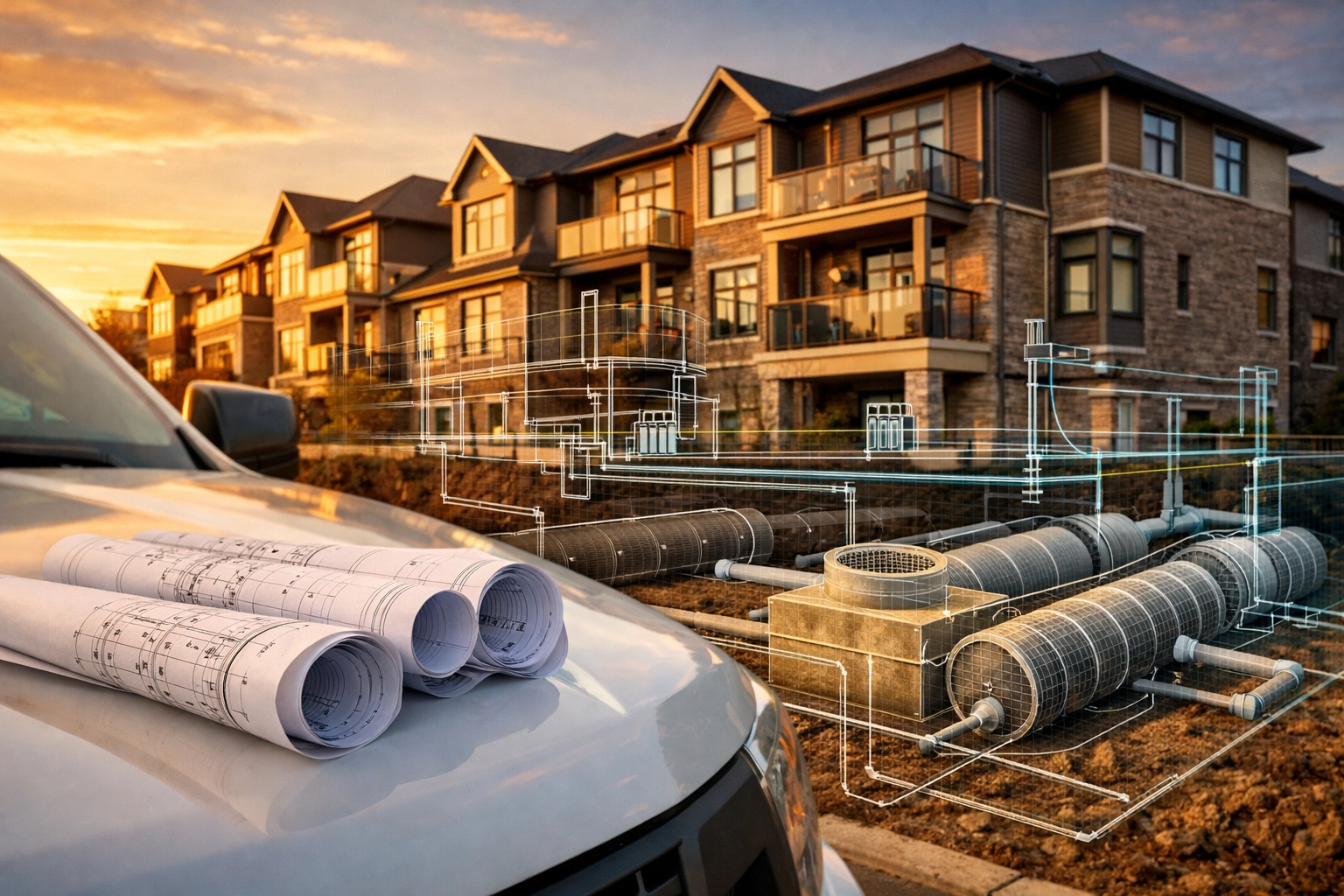 Engineering blueprints for an Ontario residential development showing stormwater management system details.