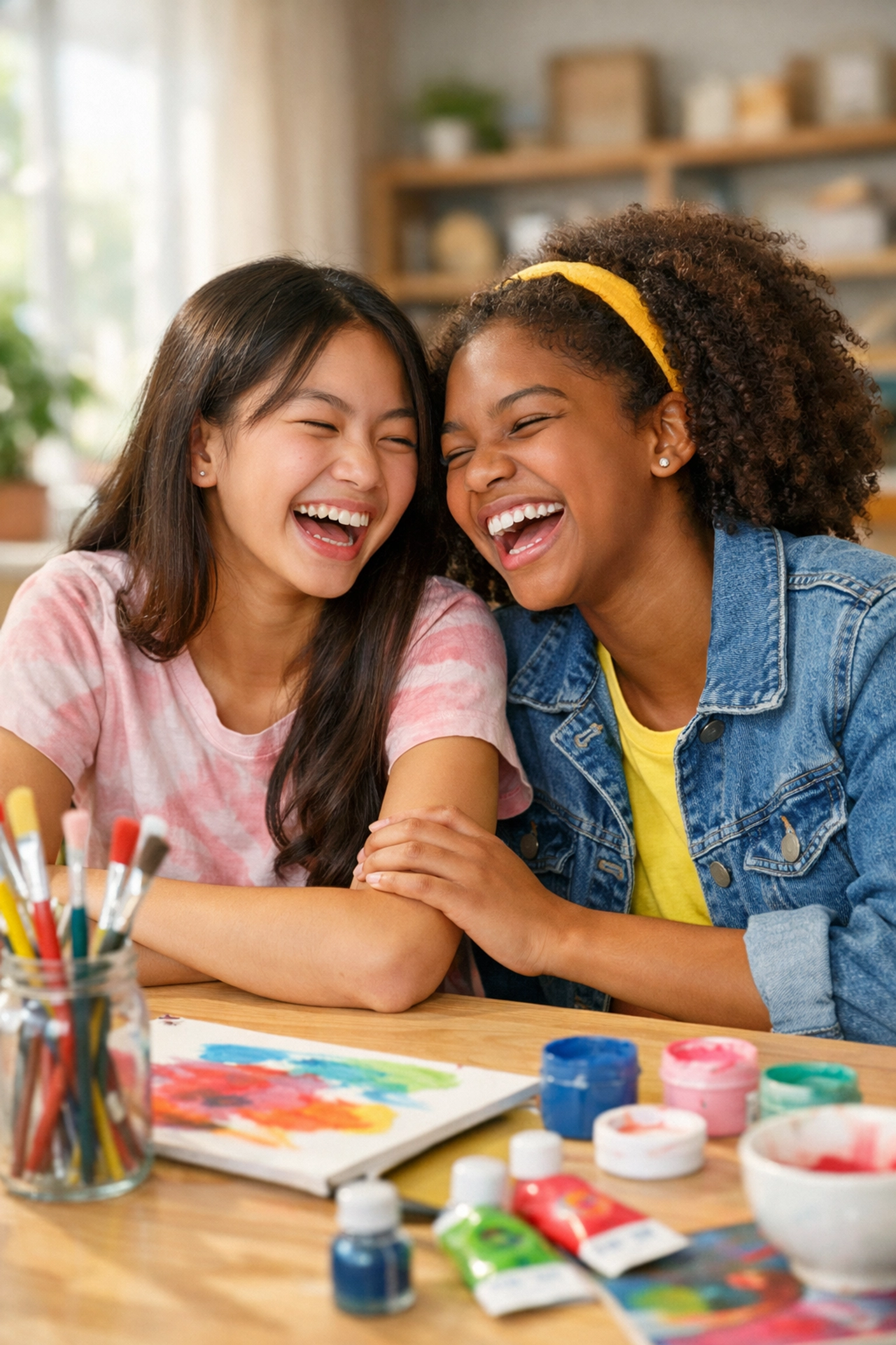Two girls connecting at a therapeutic group home for teens through creative art and laughter.