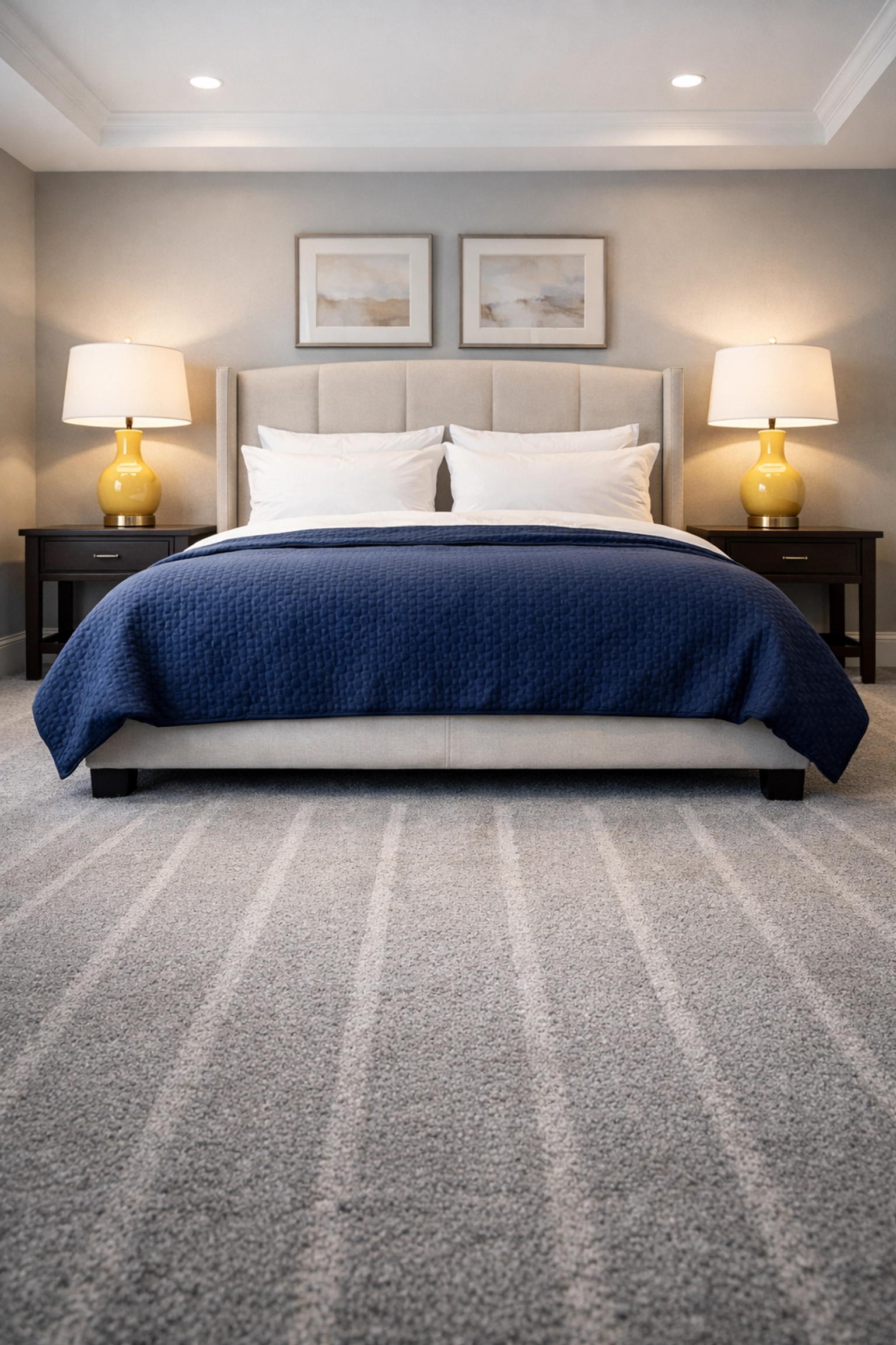 Tidy master bedroom with vacuum lines after a deep visit from professional house cleaners Hanover MA.