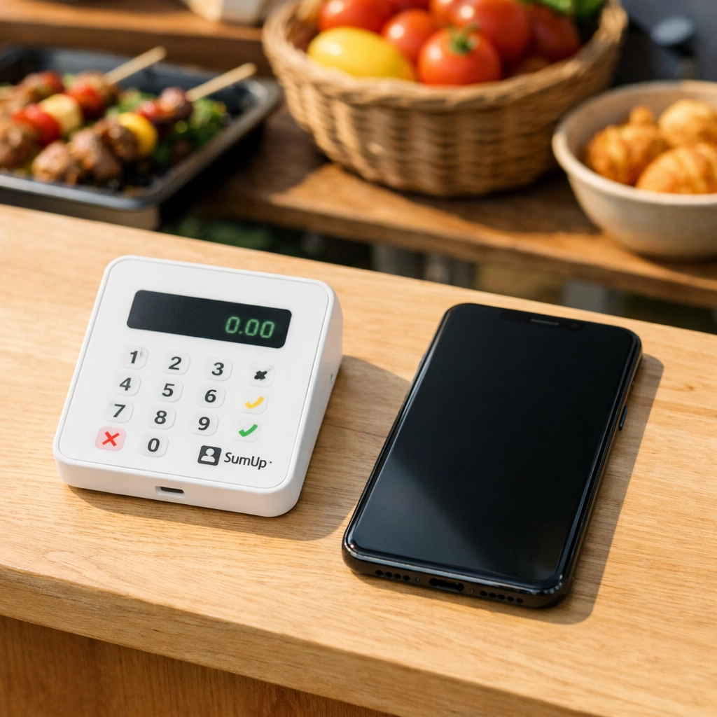 SumUp card reader and smartphone setup at outdoor food stall market