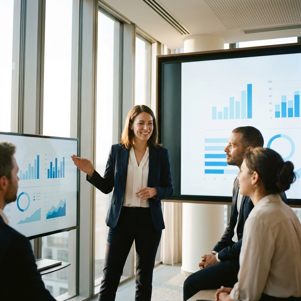 Confident female entrepreneur presents financial projections to investors, illustrating effective fundraising modeling.