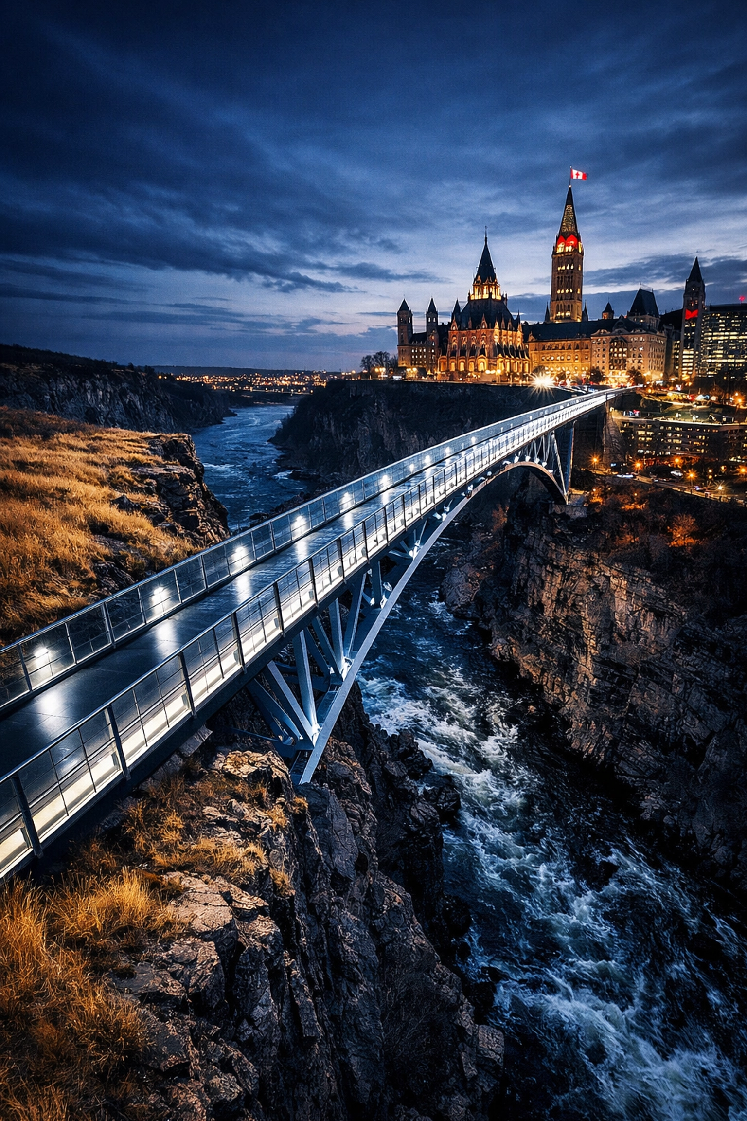 Bridge connecting prairie landscape to Ottawa representing Alberta MP crossing to Liberal government