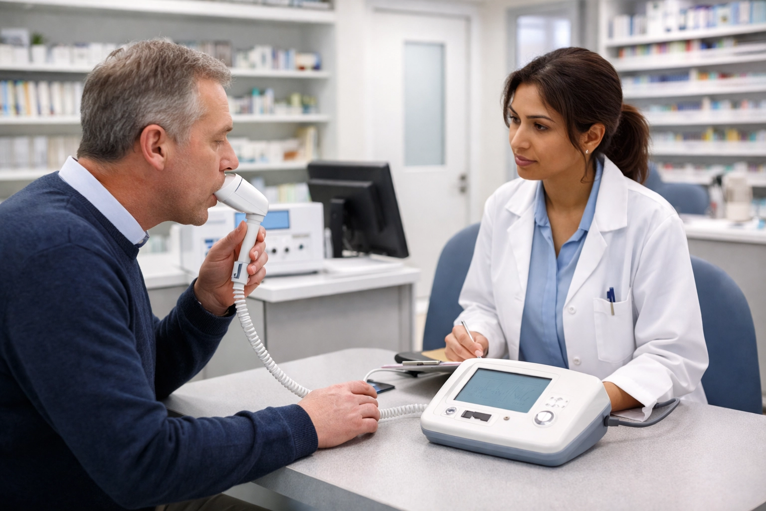 Pharmacist conducting spirometry test with patient in a UK community pharmacy