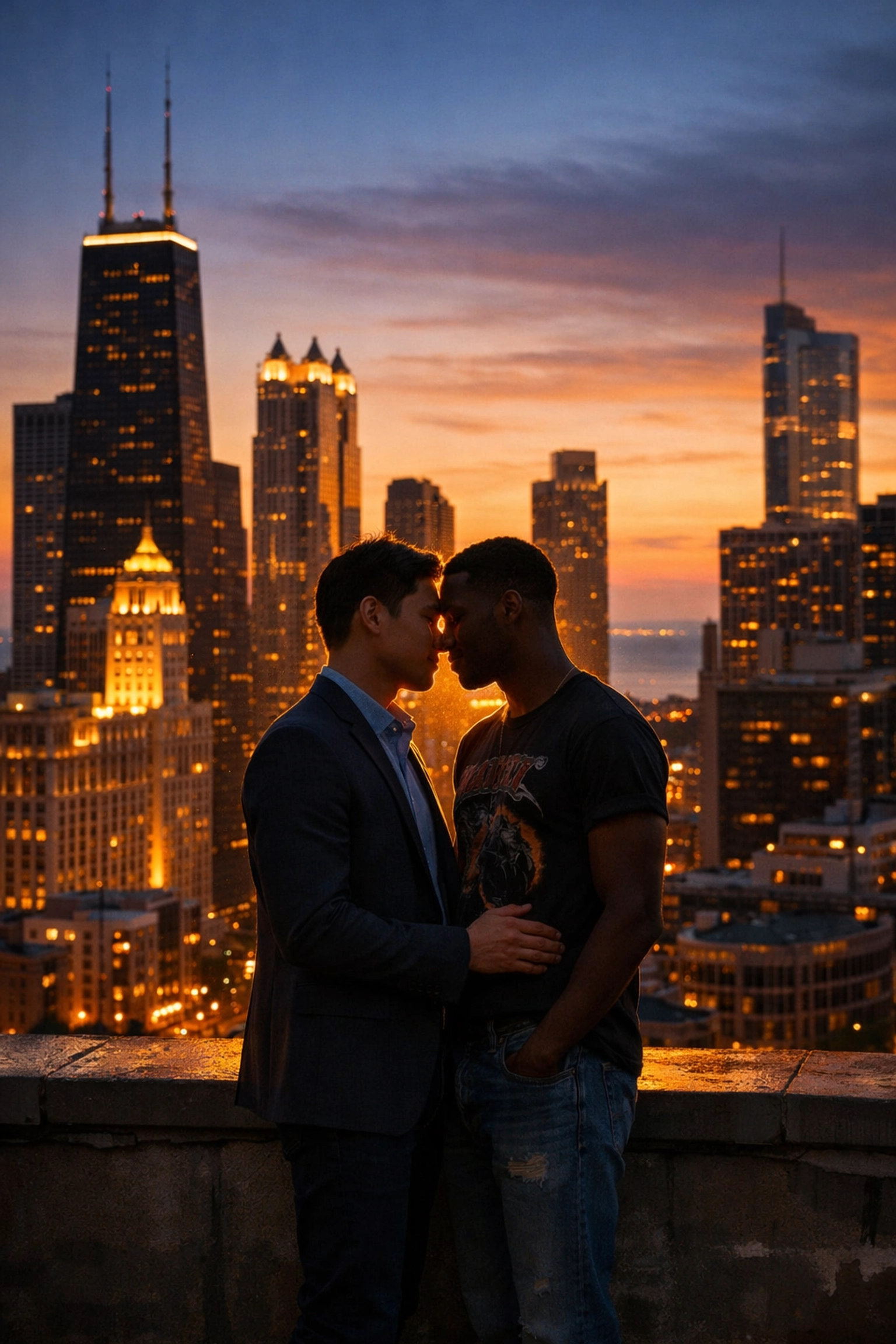 Gay couple embracing on Chicago rooftop with Magnificent Mile skyline at golden hour