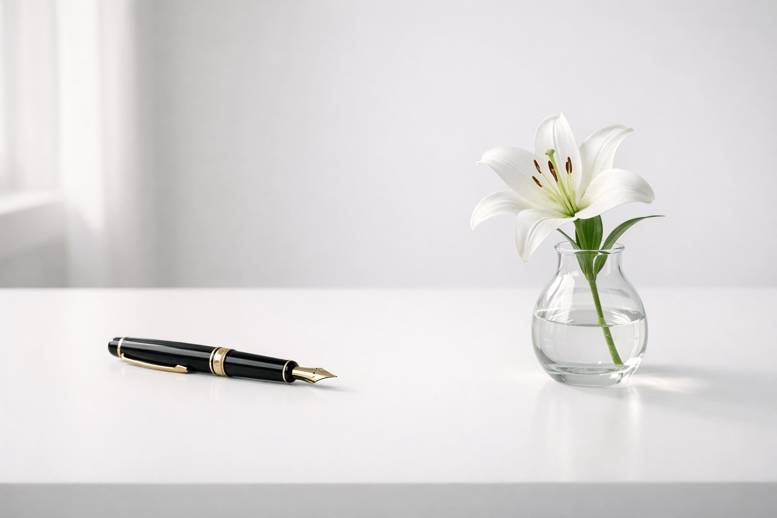 A white lily and pen on a desk, representing the weight of end-of-life care decisions in New York.