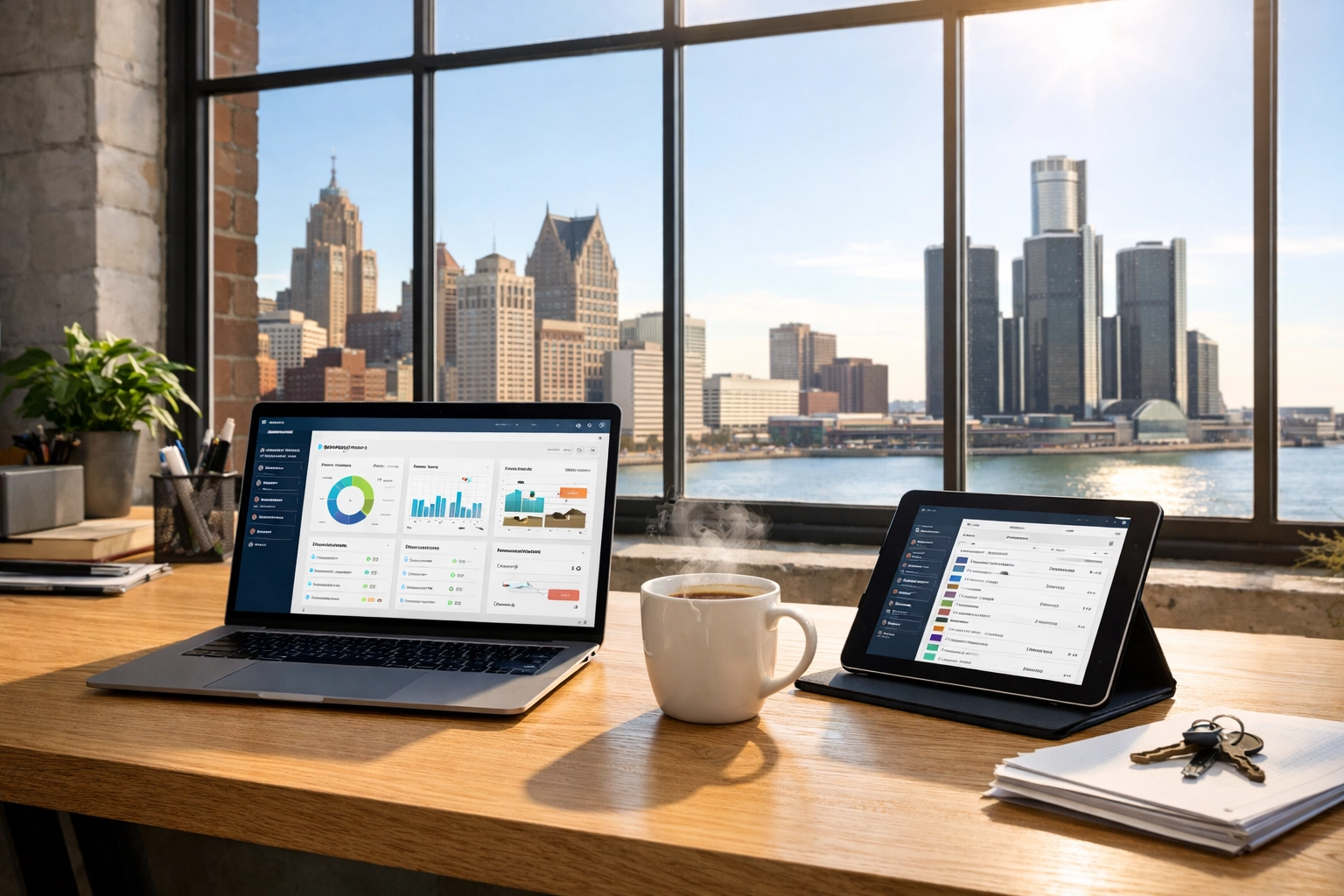 Modern workspace in a Detroit loft office overlooking the skyline, highlighting efficient facility management.