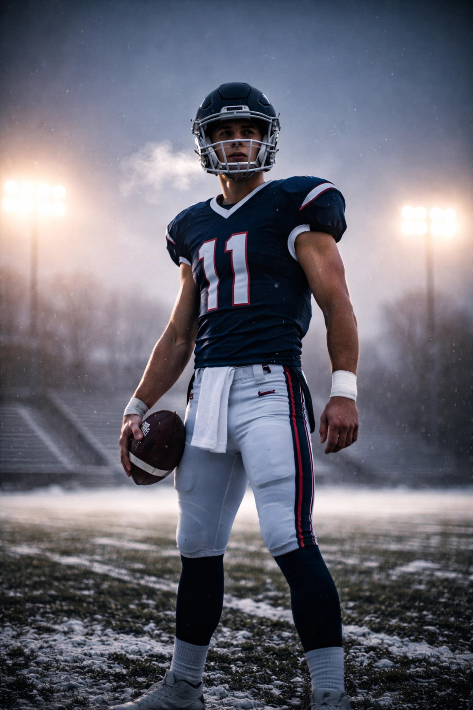 Jake Merklinger stands confident on a snowy UConn football field, representing quarterback efficiency and leadership.
