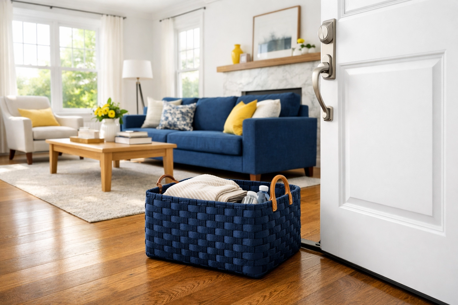 Organized living room in Leominster featuring a blue transit basket for a quick 15-minute home tidy.