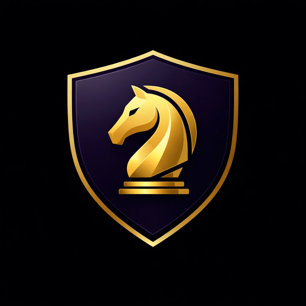 Gold chess knight icon on a dark purple shield