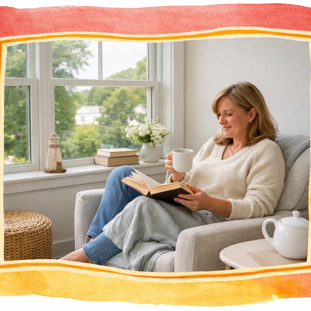 Woman relaxing in cozy reading nook after downsizing to smaller Connecticut home